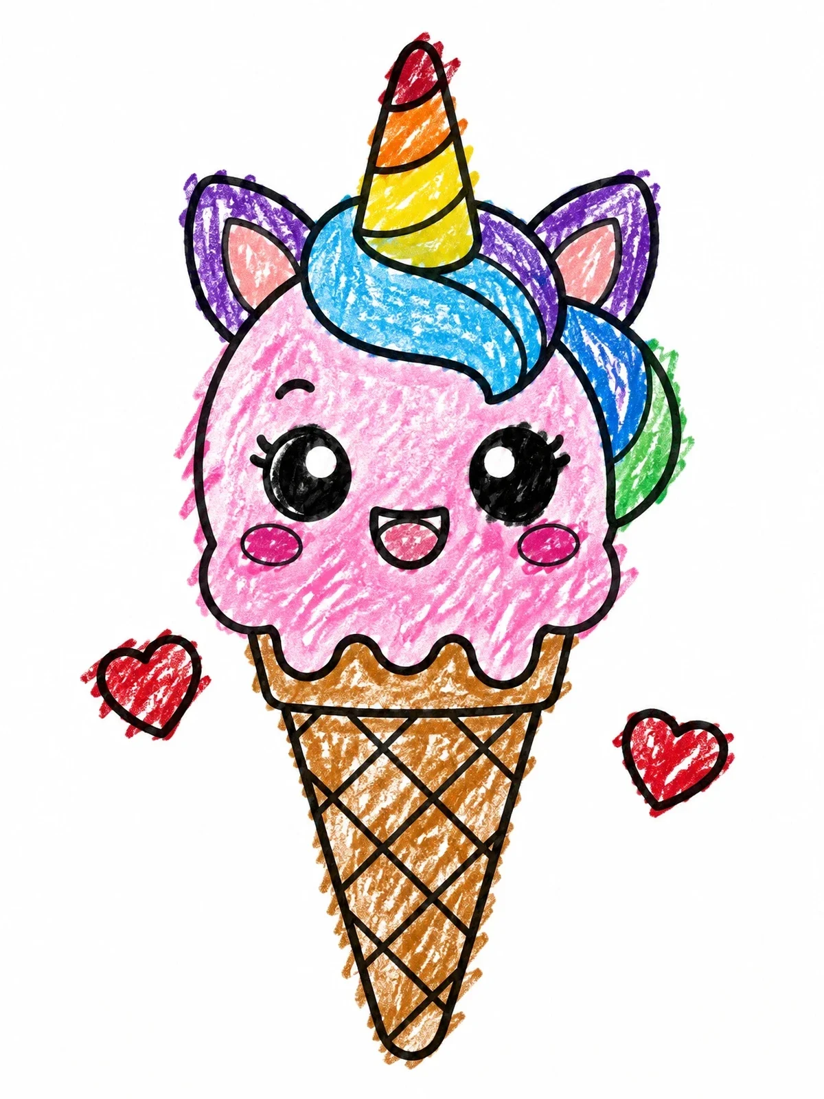 Colored example of the Cute Unicorn Ice Cream Cone coloring page