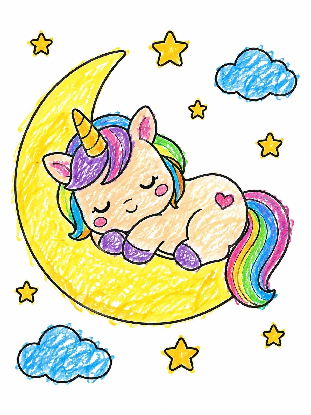 Colored example of the Sleeping Unicorn On Crescent Moon coloring page