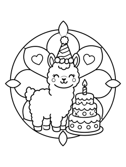 Free printable Birthday Llama With Cake And Party Hat coloring page