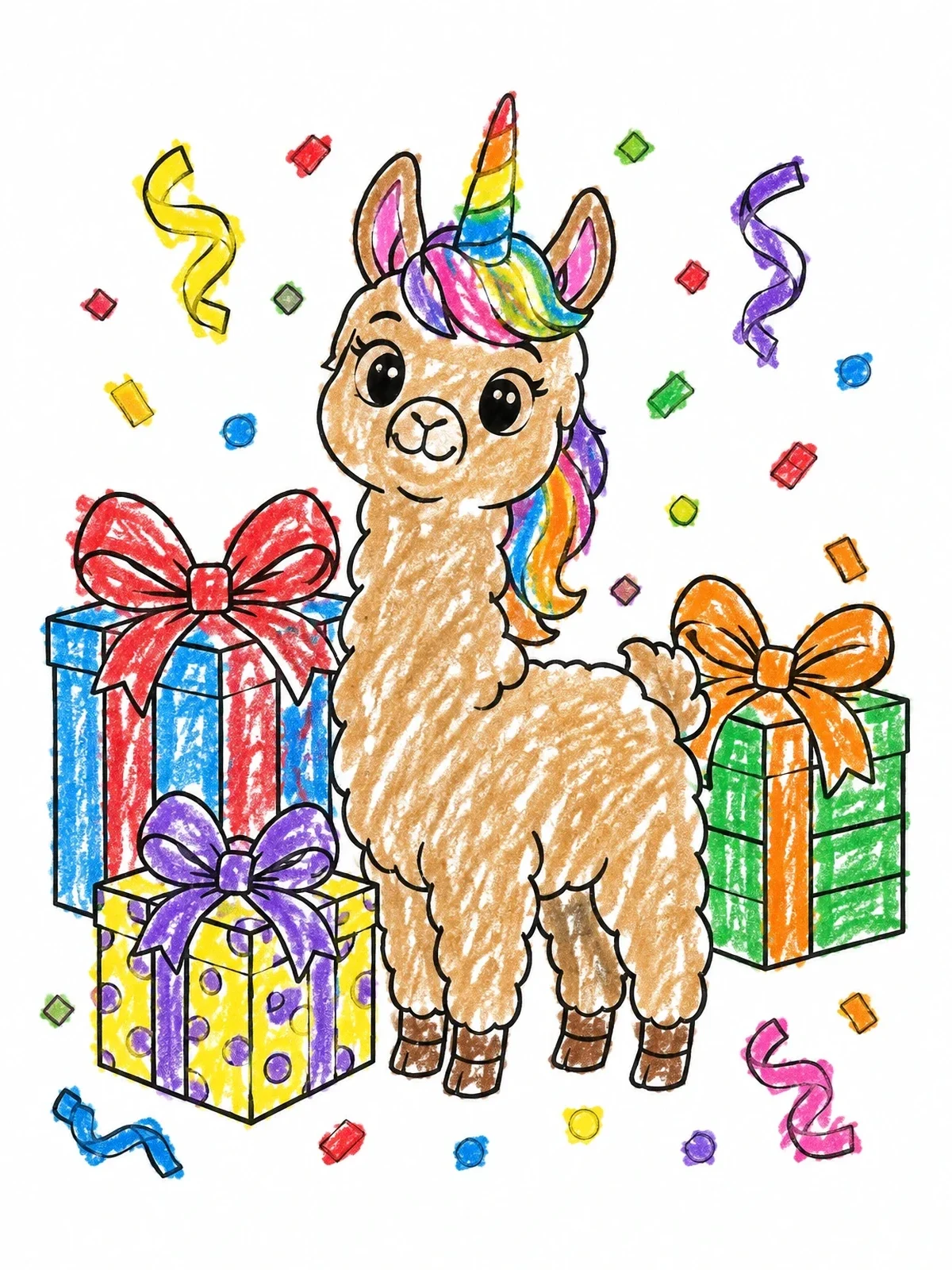 Colored example of the Cute Llamacorn With Birthday Presents coloring page