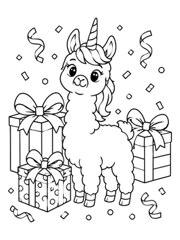 Free printable Cute Llamacorn With Birthday Presents coloring page