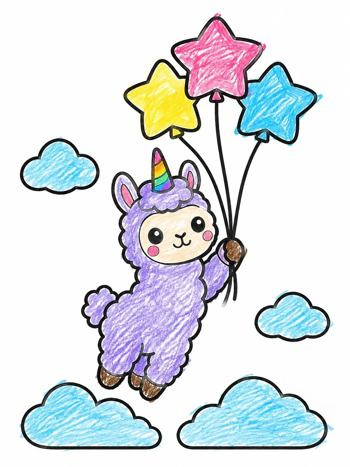 Colored example of the Unicorn Llama Floating With Star Balloons coloring page