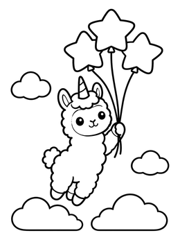 Free printable Unicorn Llama Floating With Star Balloons coloring page