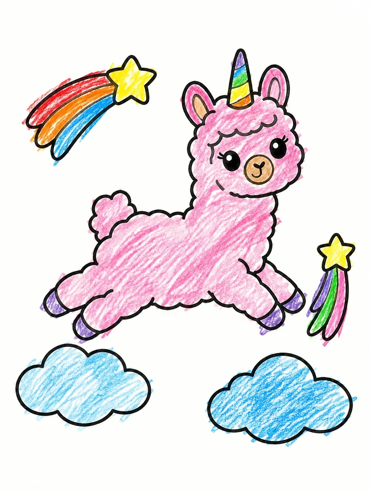 Colored example of the Cute Unicorn Llama Leaping Through Clouds coloring page