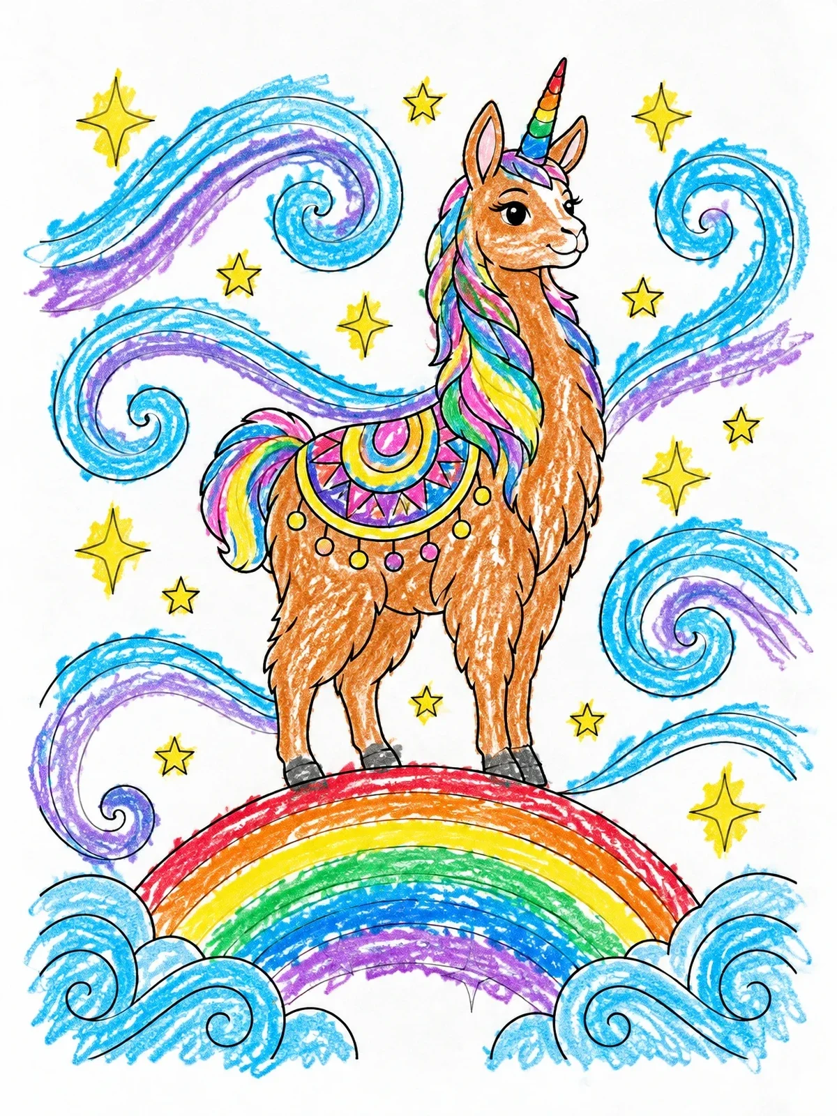 Colored example of the Llamacorn Standing On A Rainbow coloring page