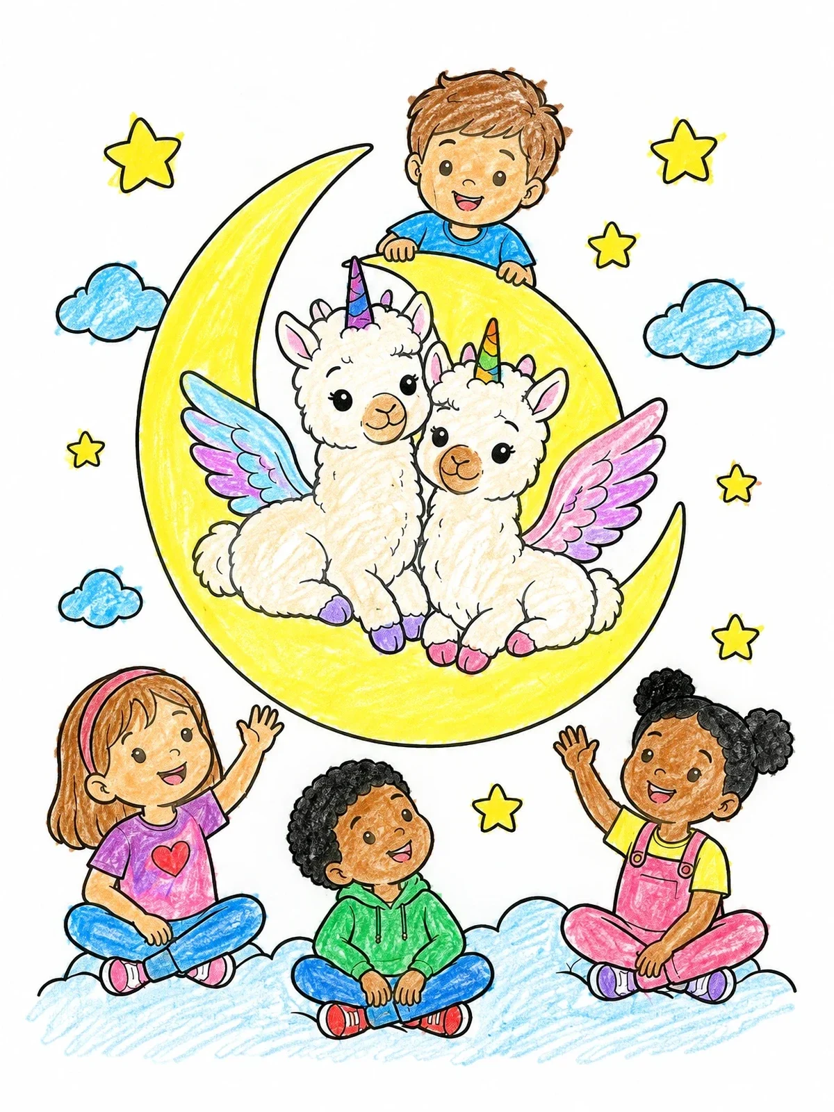 Colored example of the Llamacorns On The Moon With Children coloring page