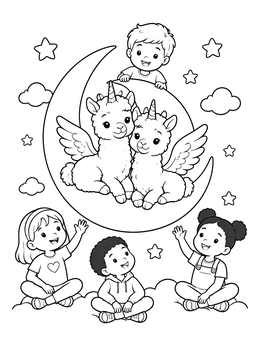 Free printable Llamacorns On The Moon With Children coloring page