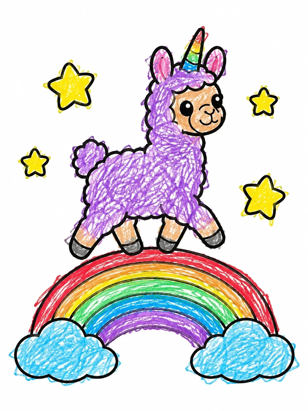 Colored example of the Unicorn Llama Walking On Rainbow coloring page