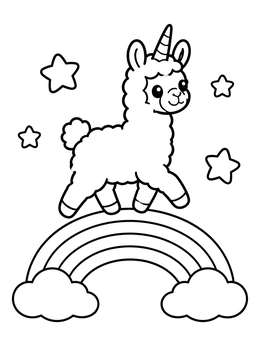 Free printable Unicorn Llama Walking On Rainbow coloring page