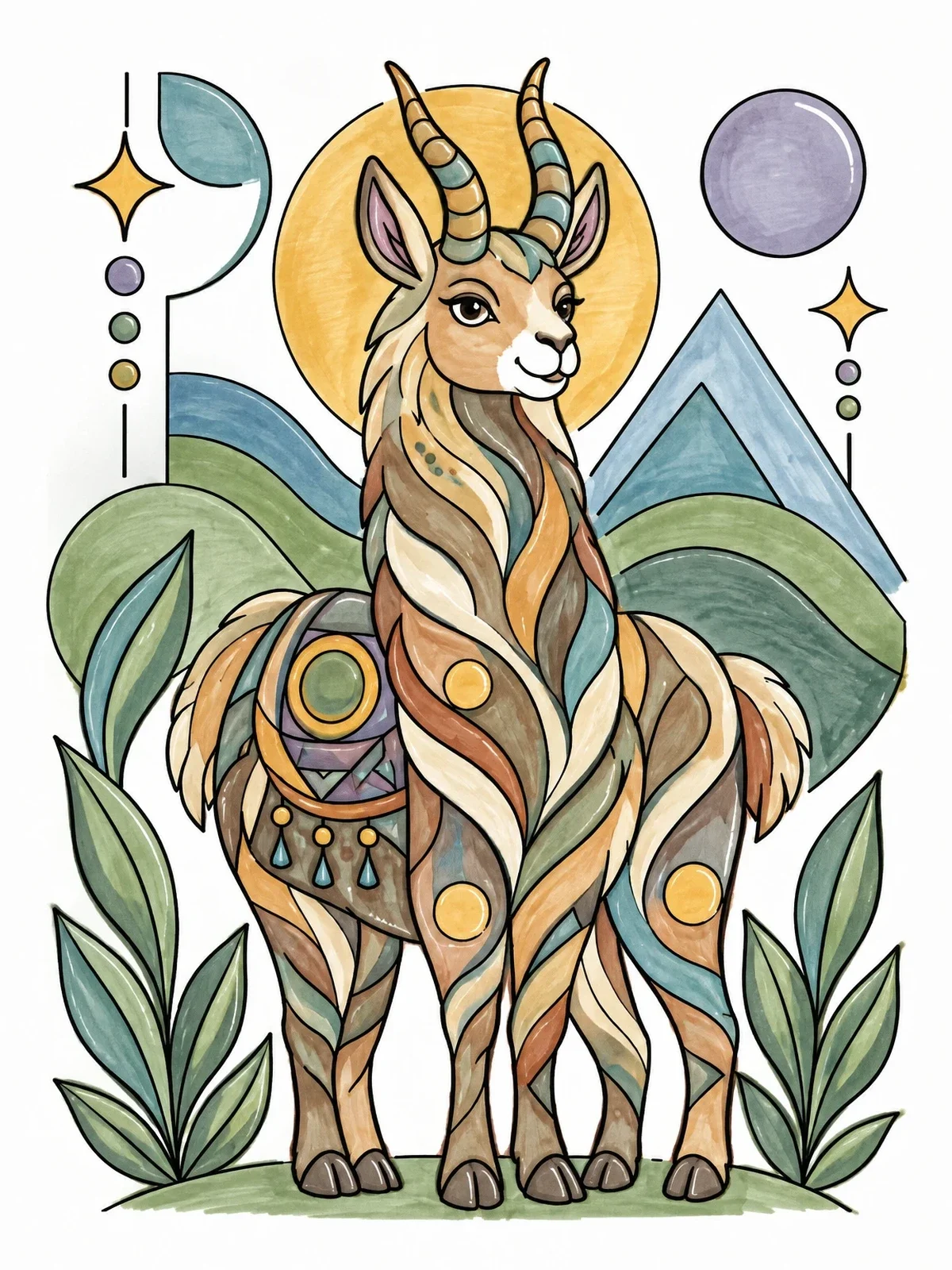 Colored example of the Mythical Horned Llama Landscape coloring page