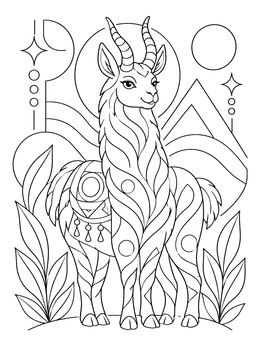 A horned llama featured in this unicorn mandala coloring page with geometric patterns.