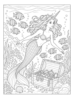 A detailed mermaid and unicorn coloring page featuring an underwater maiden with a horn swimming near a treasure chest.