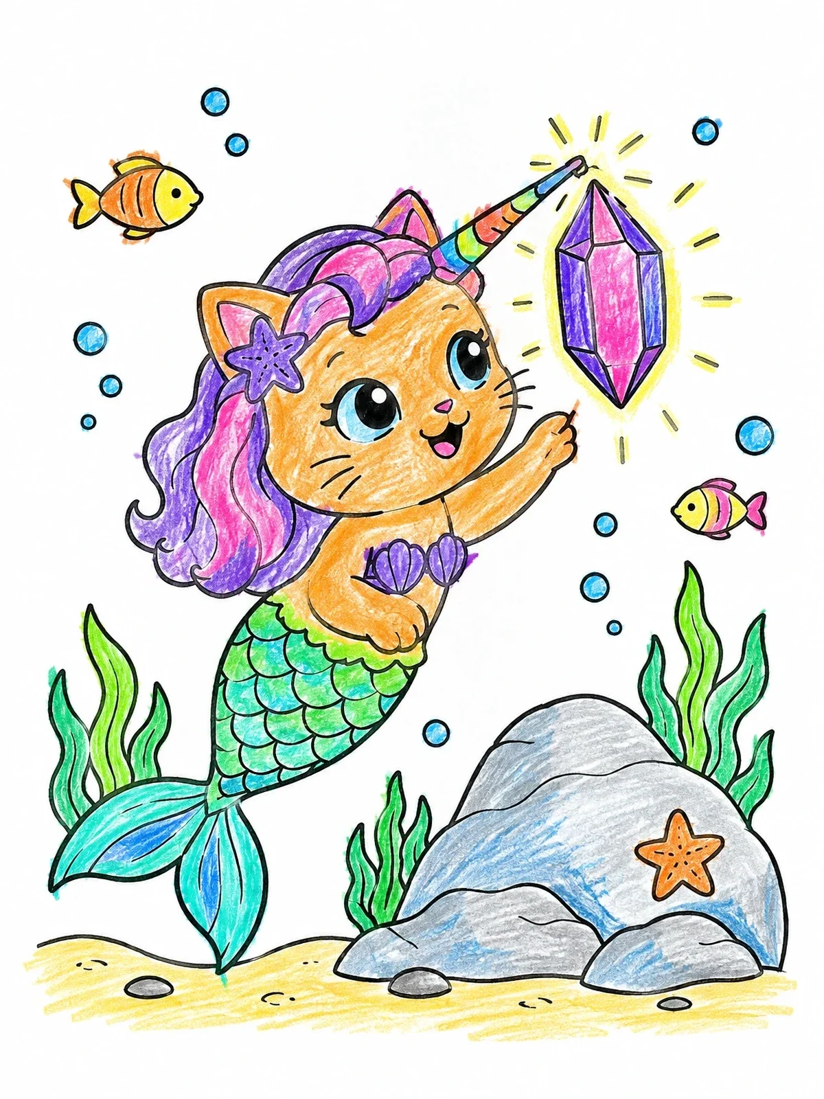 Colored example of the Unicorn Mermaid Cat With Magic Crystal coloring page