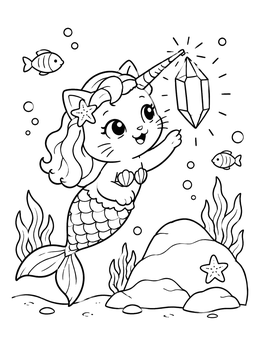 A cute unicorn mermaid cat coloring page showing her touching a magical glowing crystal underwater.