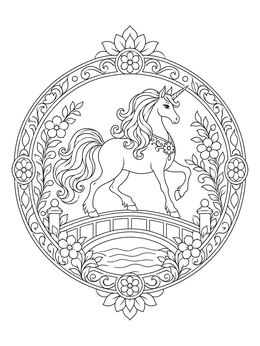 A graceful unicorn mandala coloring page framed with ornate floral patterns.