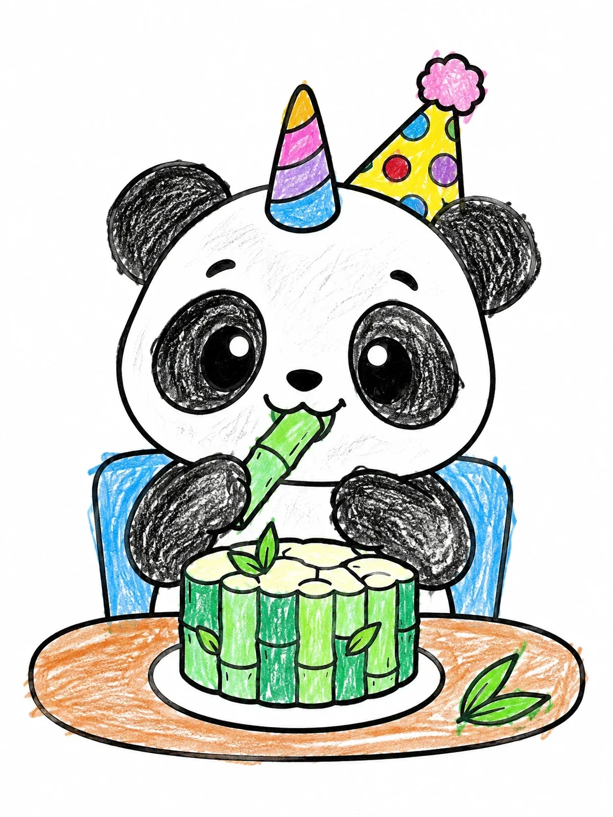 Colored example of the Party Unicorn Panda Eating Cake coloring page
