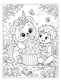 A cute unicorn panda coloring page showing a magical panda and a boy hugging a giant frosted cupcake.