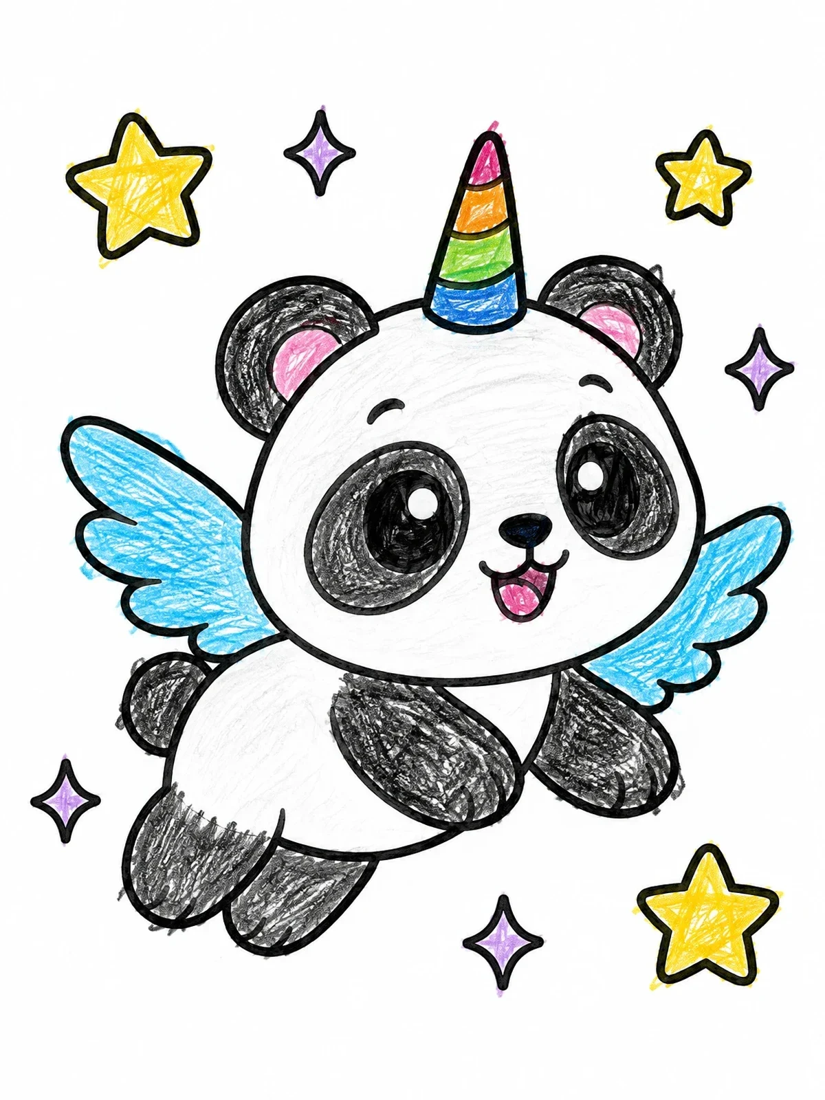 Colored example of the Cute Flying Pandacorn With Stars coloring page