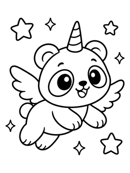 A cheerful unicorn panda coloring page flying among twinkling stars.