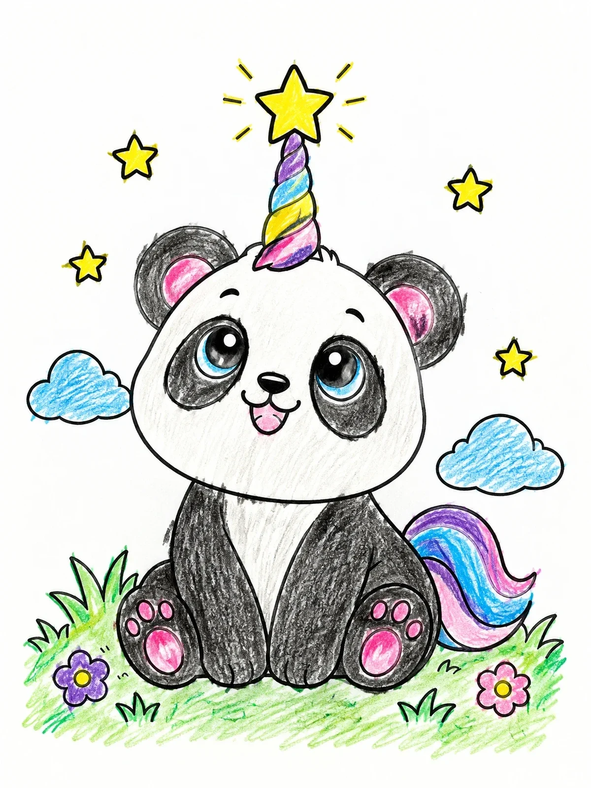 Colored example of the Cute Pandacorn Balancing A Star coloring page