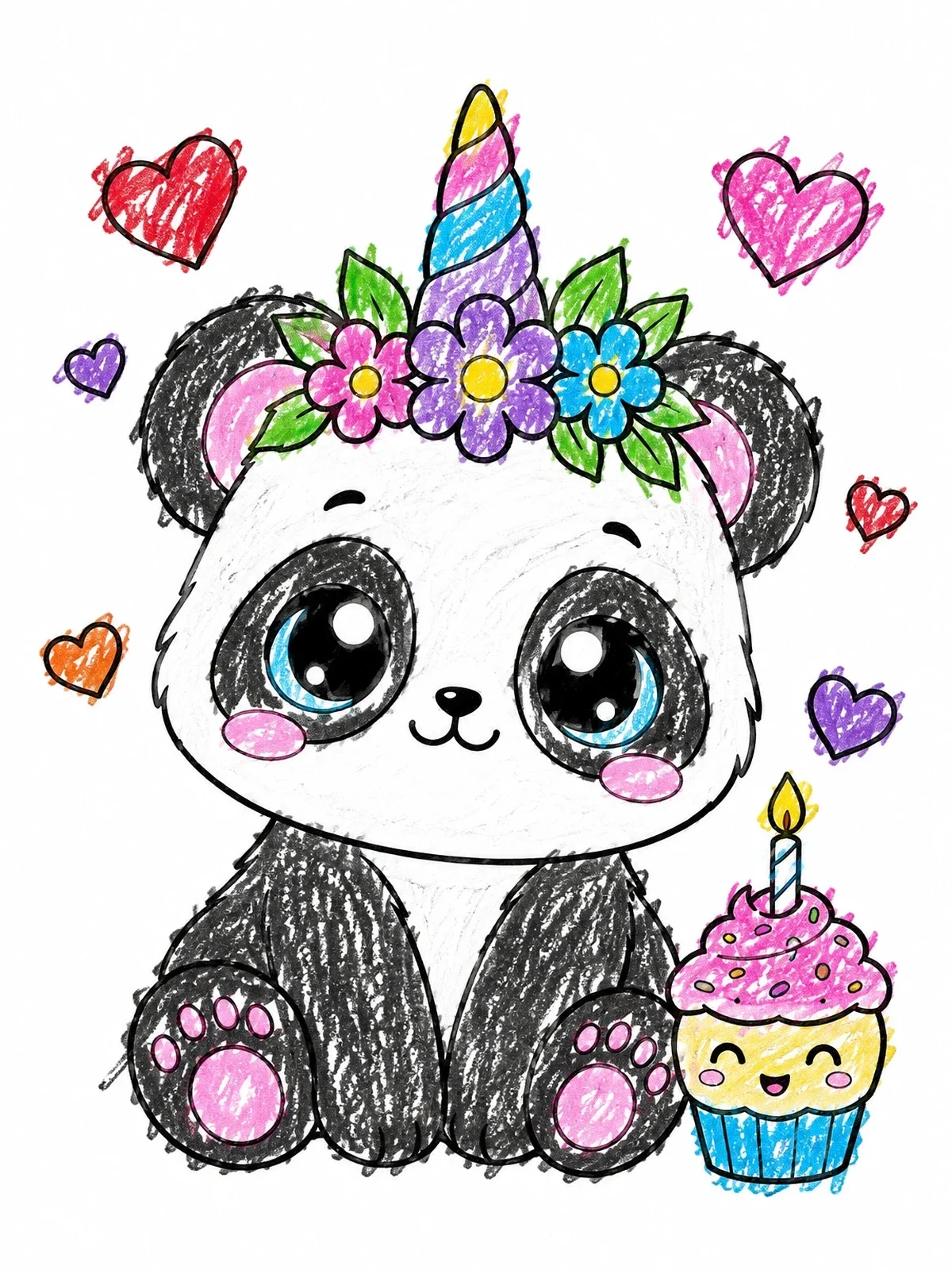 Colored example of the Cute Pandacorn With Birthday Cupcake coloring page