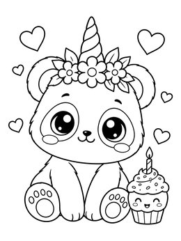 A sweet unicorn panda coloring page with a flower crown, floating hearts, and a mini cupcake.