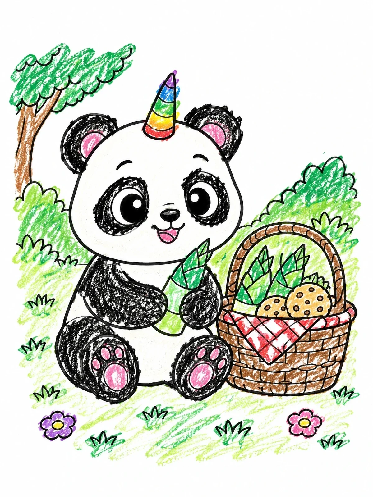 Colored example of the Cute Pandacorn Having A Picnic coloring page