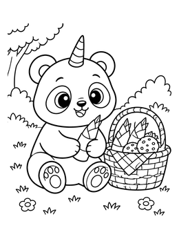 A sweet unicorn panda coloring page with a picnic basket on a sunny day.