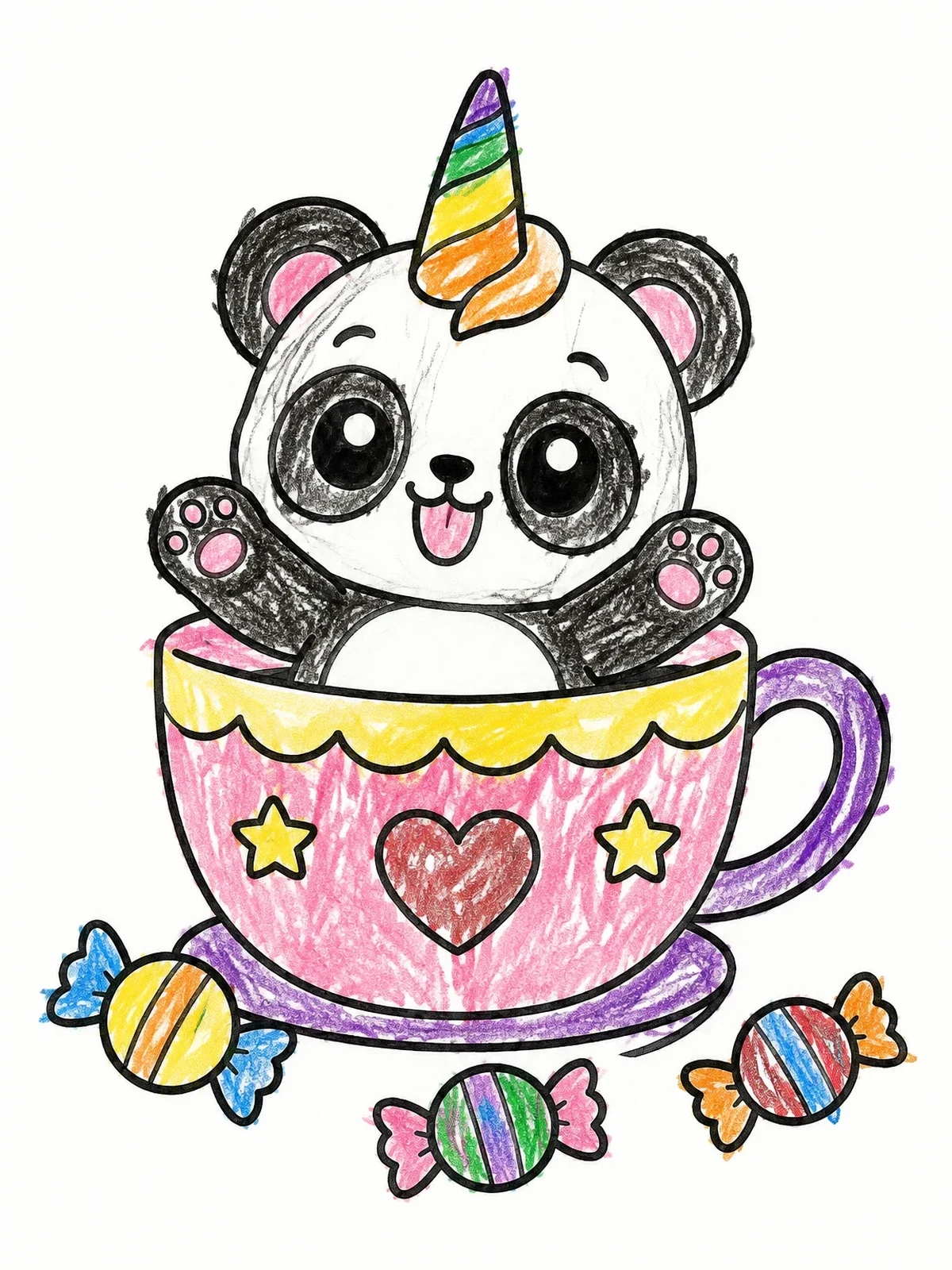 Colored example of the Cute Pandacorn In A Teacup coloring page