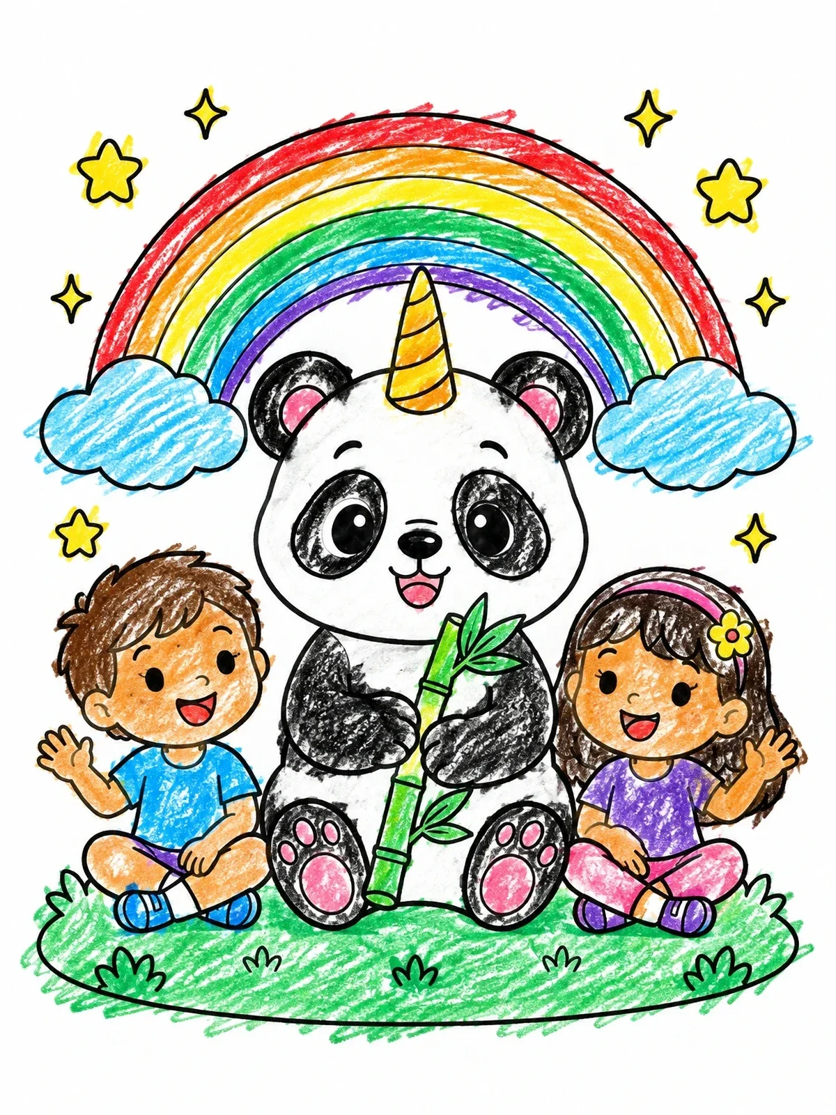 Colored example of the Cute Pandacorn With Friendly Children coloring page