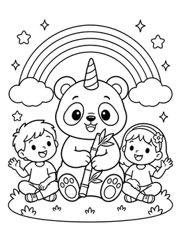 Free printable Cute Pandacorn With Friendly Children coloring page