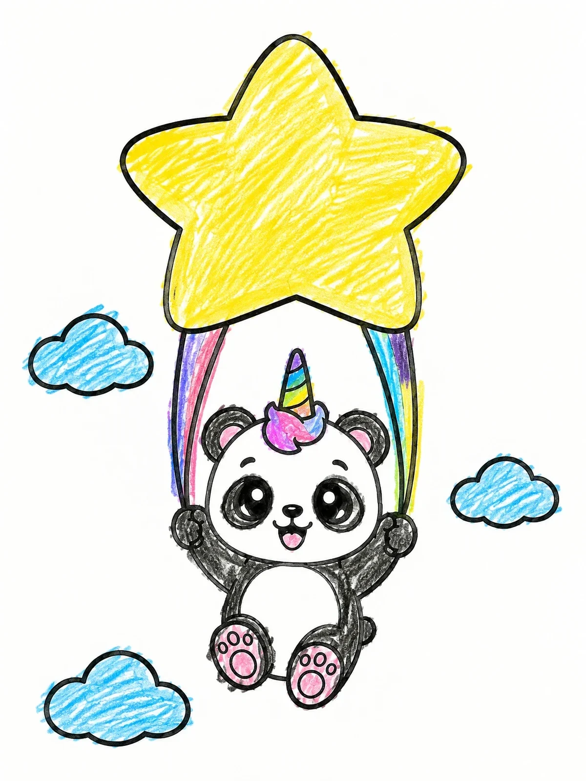 Colored example of the Unicorn Panda Floating With Star Balloon coloring page