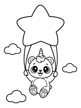 A cute unicorn panda coloring page floating gently with a big star balloon in the sky.