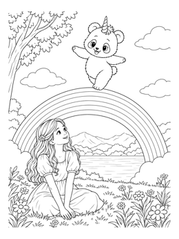 A magical unicorn panda coloring page showing a playful pandacorn walking on a rainbow above a smiling girl.