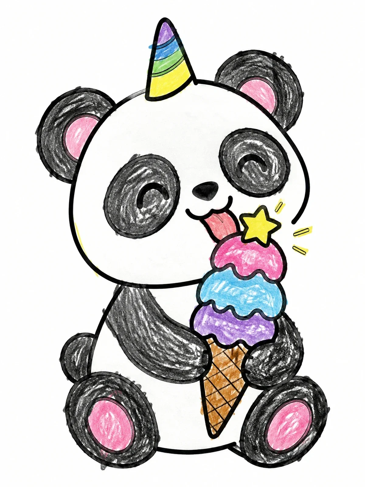 Colored example of the Cute Unicorn Panda With Ice Cream coloring page