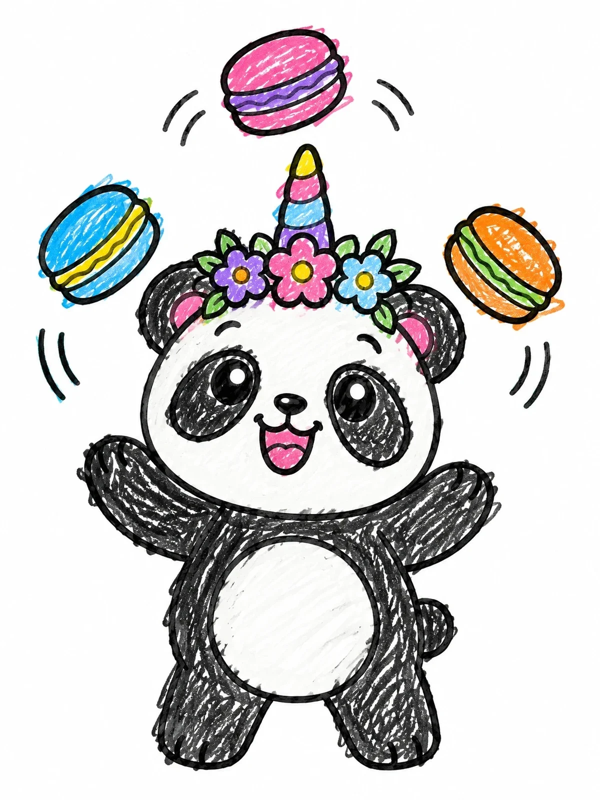 Colored example of the Unicorn Panda Juggling Sweet Macarons coloring page