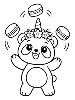 A cheerful unicorn panda coloring page showing a pandacorn in a flower crown juggling macarons.