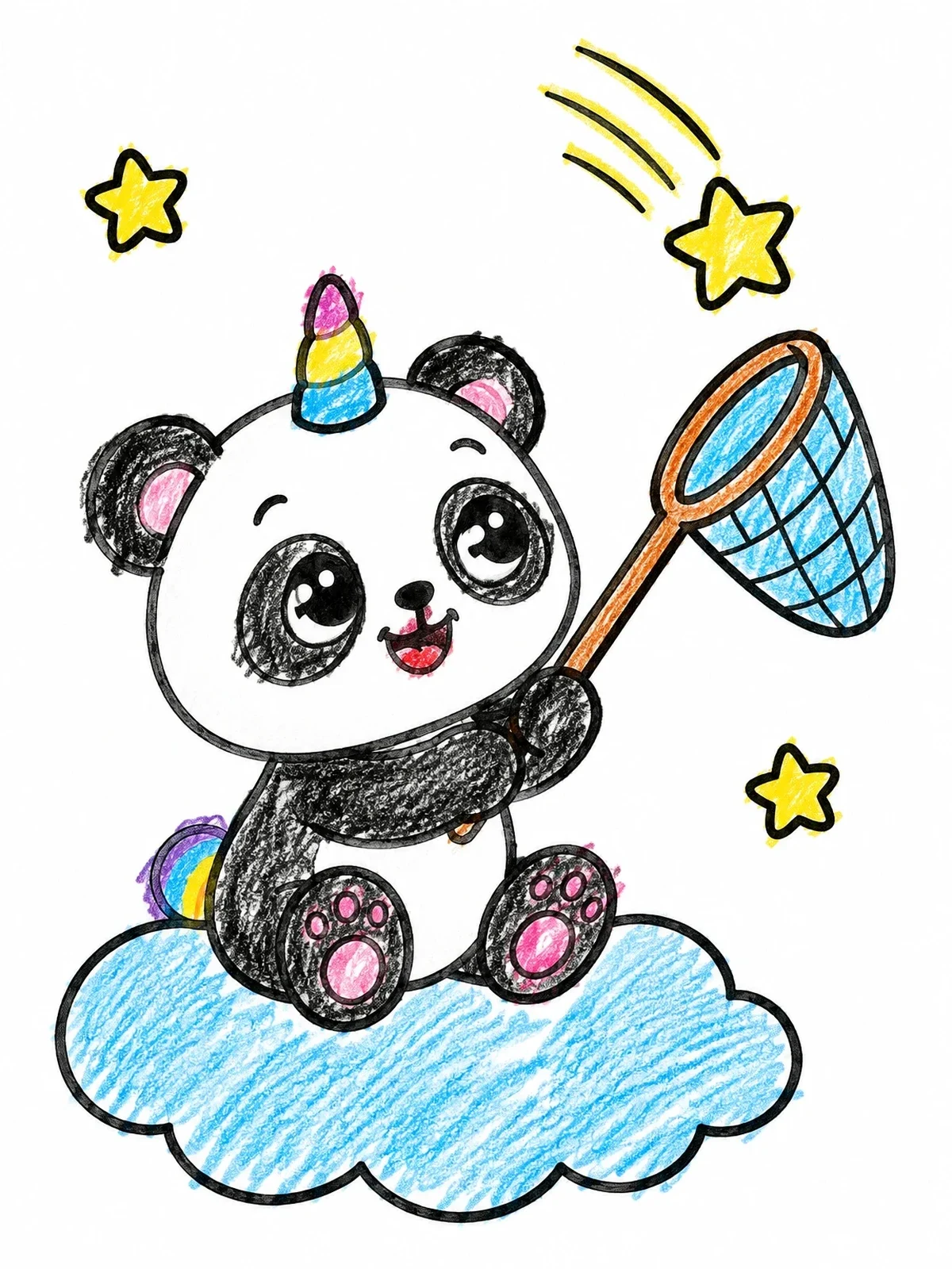 Colored example of the Pandacorn Catching Falling Stars coloring page