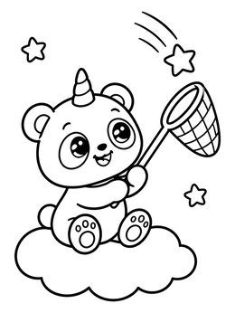 A cute unicorn panda coloring page with a net catching stars on a cloud.