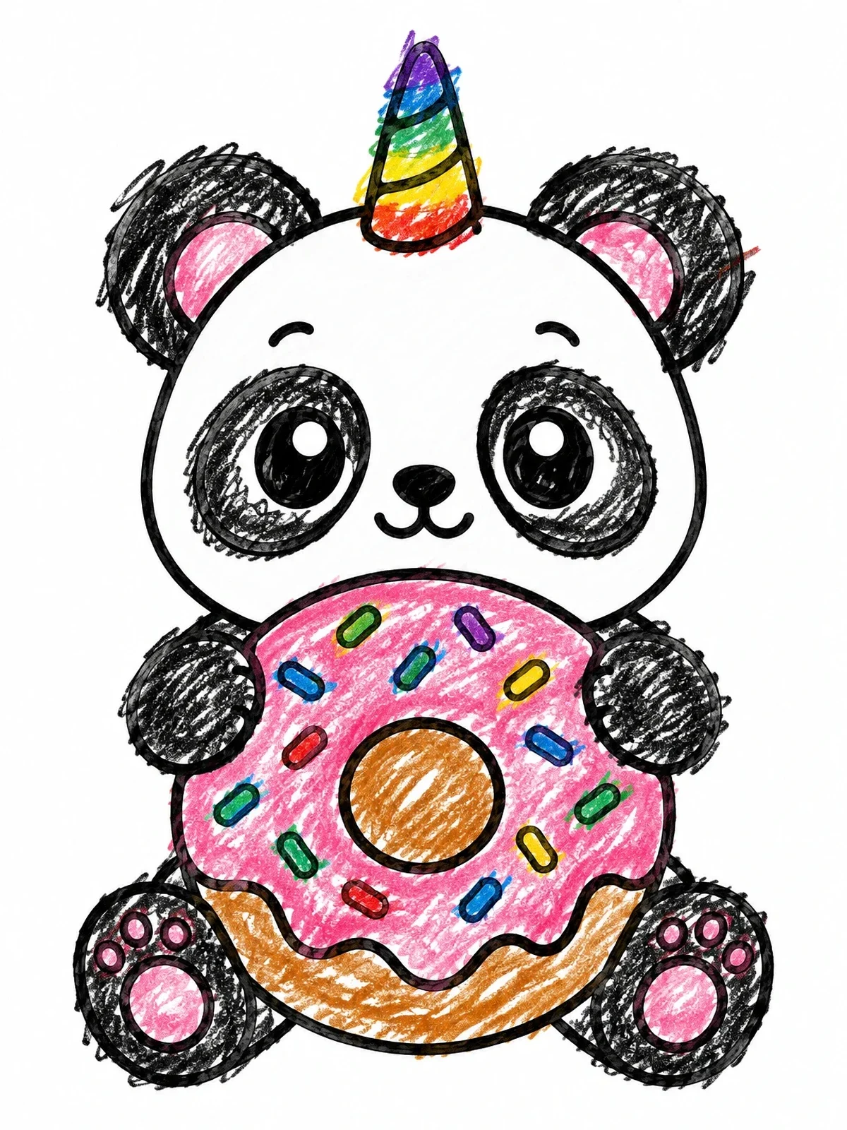 Colored example of the Cute Pandacorn Holding A Donut coloring page