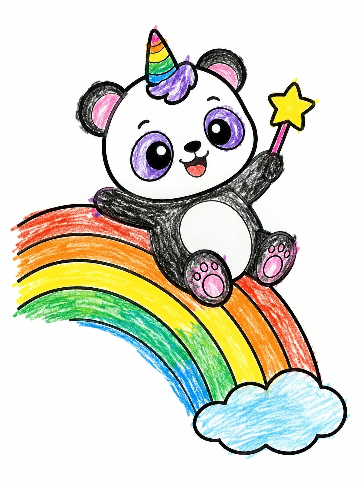 Colored example of the Pandacorn Sliding Down A Rainbow coloring page