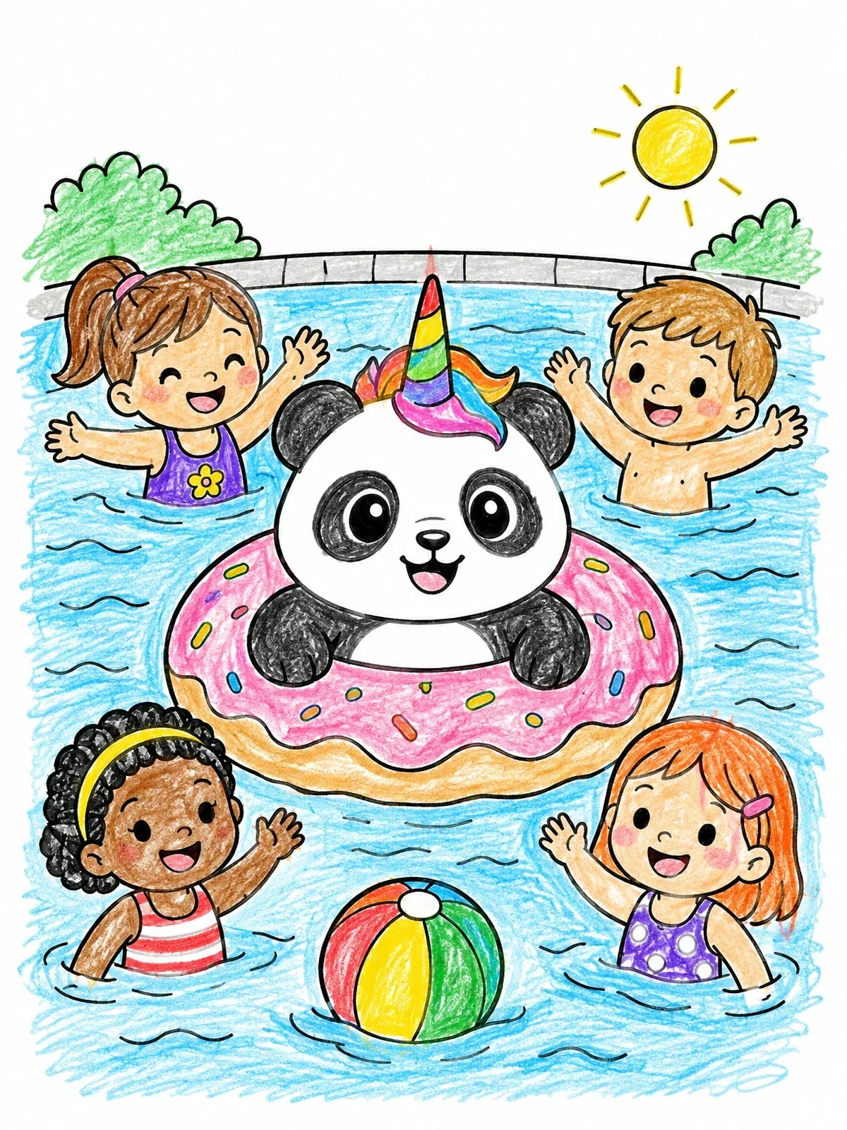 Colored example of the Unicorn Panda Swimming Pool Party coloring page