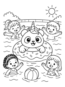A cheerful unicorn panda coloring page with kids swimming around a donut float.