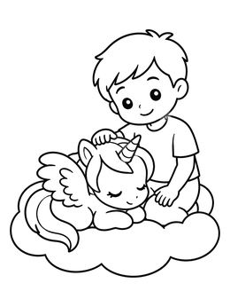 Free printable Boy Petting Sleeping Baby Alicorn coloring page