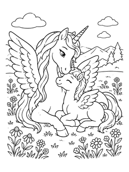 Free printable Pegasus Unicorn Mother And Foal coloring page