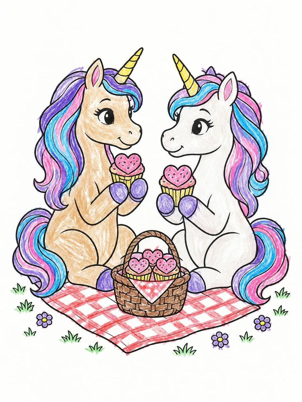 Colored example of the Unicorn Picnic With Heart Cupcakes coloring page