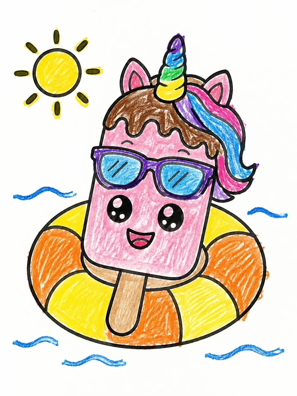 Colored example of the Cool Unicorn Popsicle Floating In Water coloring page
