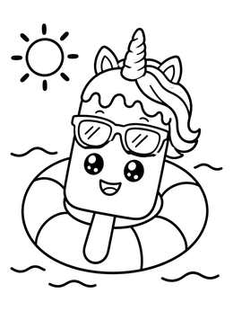 A cheerful unicorn ice cream coloring page featuring a popsicle in sunglasses floating on a swim ring.