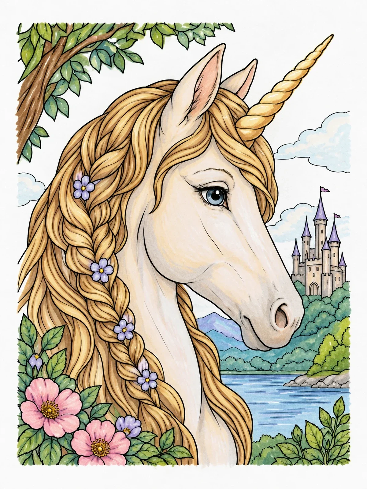 Colored example of the Unicorn Portrait With Braided Mane coloring page