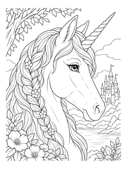 A detailed unicorn coloring page featuring a braided mane in front of a fairytale castle.